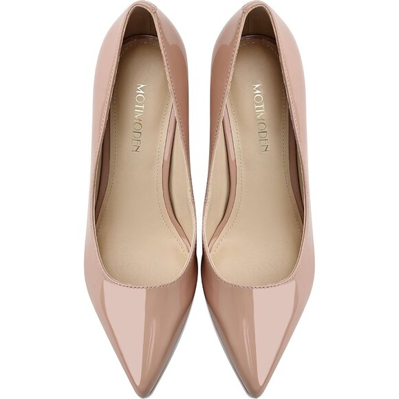 Women's Nude Patent Closed Toe High Heels Dress Pointed Toe Wedding Pump Shoes - Picture 6 of 7